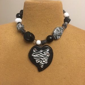 Zebra Black and White Beaded Heart Necklace